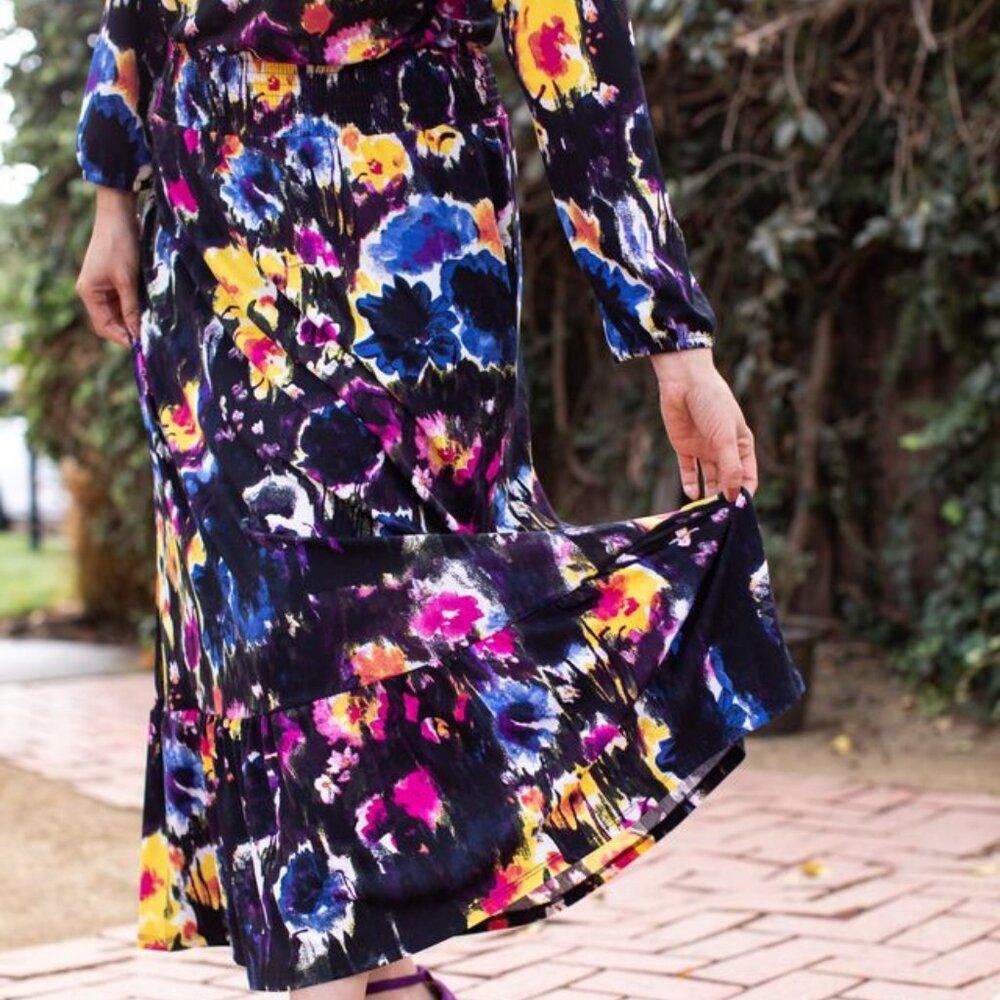 NEW XS LuLaRoe Evelyn‎ Smocked Waist Maxi Dress Long Sleeve Black Floral Midi